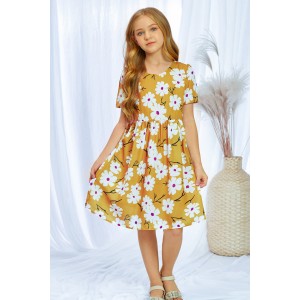 Yellow Crewneck Short Sleeve Pockets Floral Girl's Midi Dress