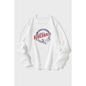 White Crew Neck Spaceship Graphic Men's Pullover Sweatshirt